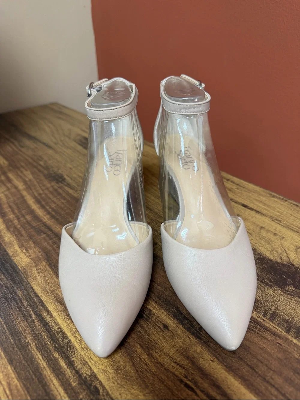 Franco Sarto “Fayth” Nude Wedge Women’s Size 7.5 Leather Ankle Strap Pointed-Toe